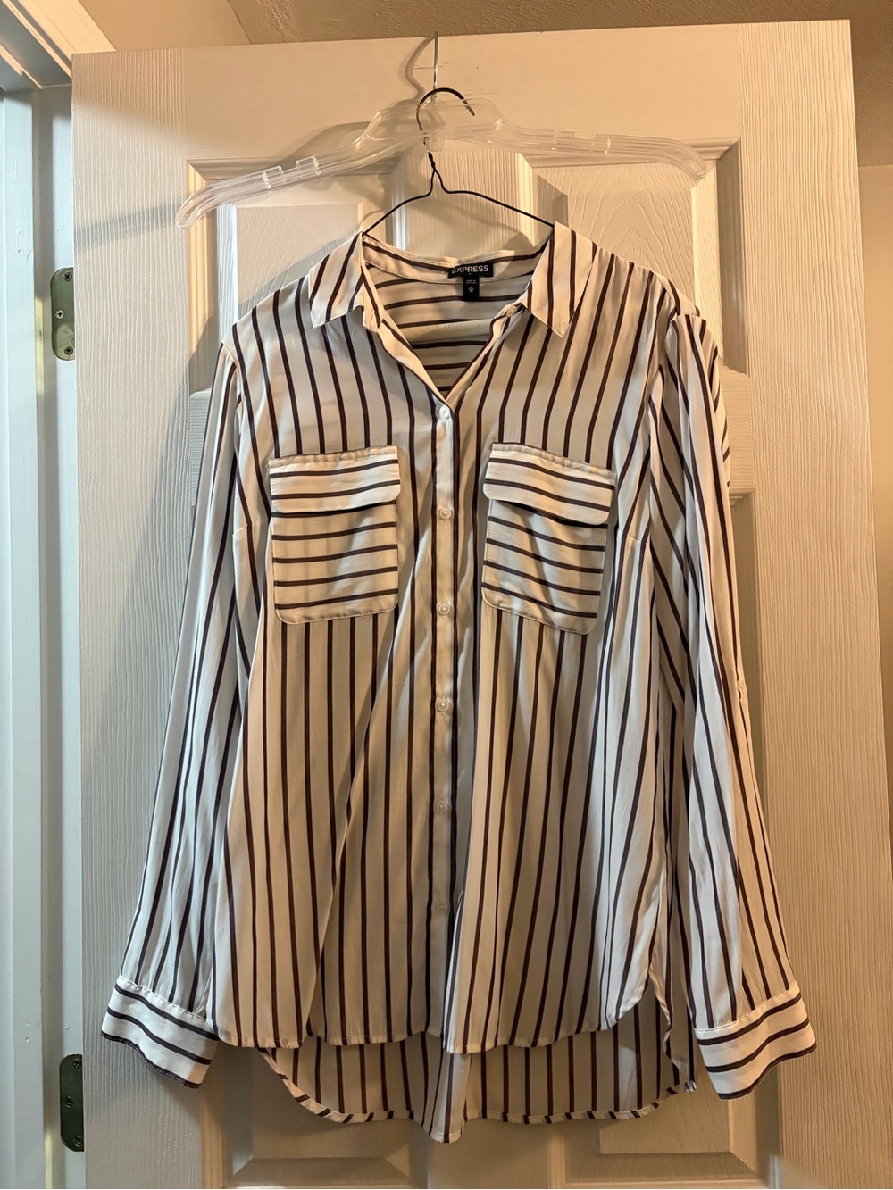 Express Women’s White and Burgundy Striped Button-Down Shirt